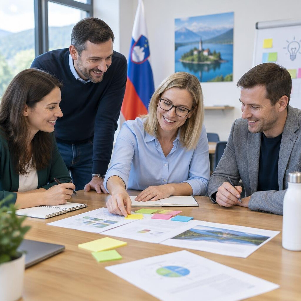 Team collaborating around a table with documents